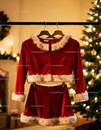 Festive Red Velvet Holiday Outfit with Fur Trim
