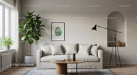 Cozy living room with neutral tones and greenery
