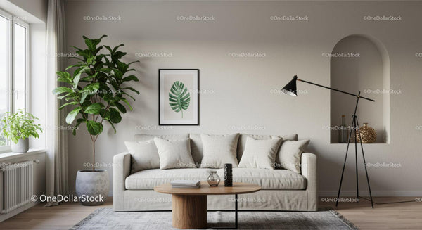 Cozy living room with neutral tones and greenery