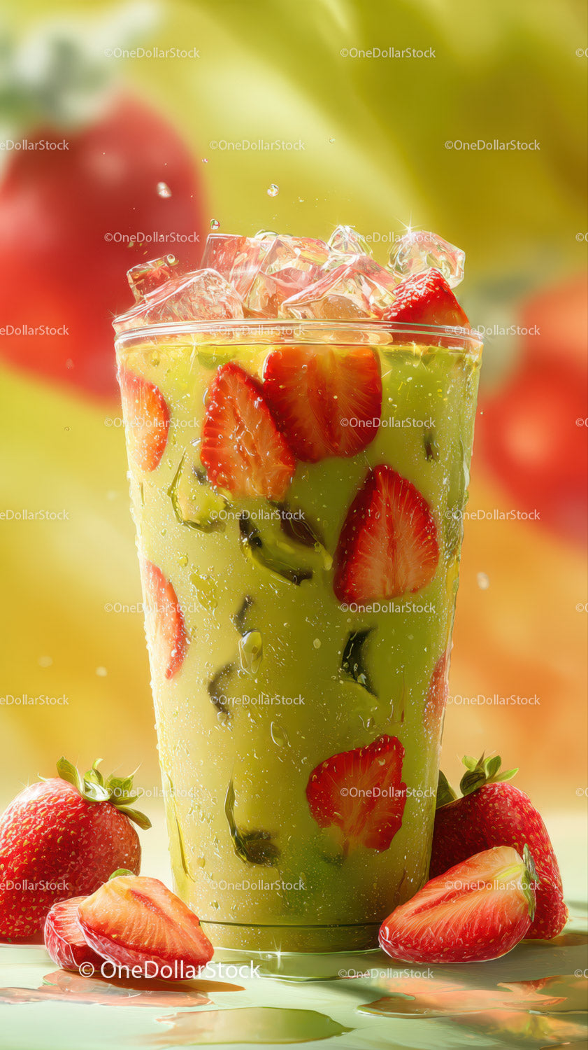 Vibrant Strawberry and Kiwi Fruit Drink with Ice Cubes