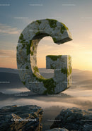 Aged Stone Letter G Covered with Moss at Sunrise