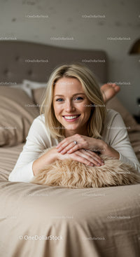 Smiling woman relaxing on cozy bed with fluffy pillow