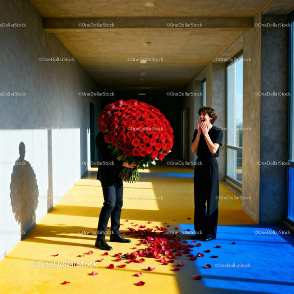 Surprised woman receiving huge bouquet of red roses
