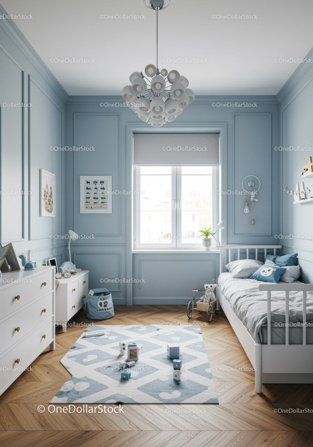 Bright and Cozy Blue Nursery with Wooden Floor and Playful Decor