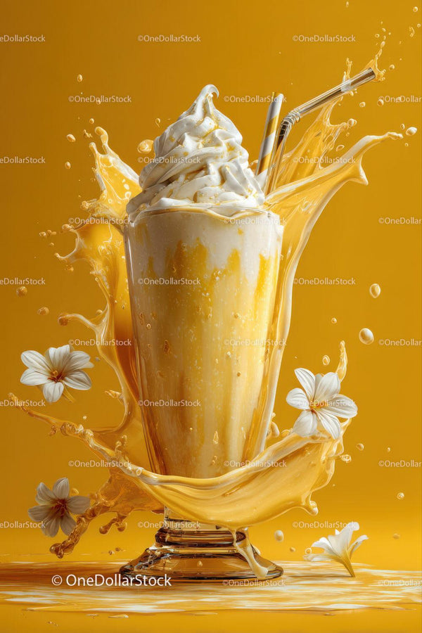 Waniliowy milkshake z rozbryzgami i kwiatowymi akcentami w szkle