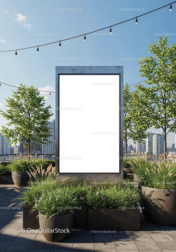Urban rooftop greenery with blank advertising board JPG Mockup Image