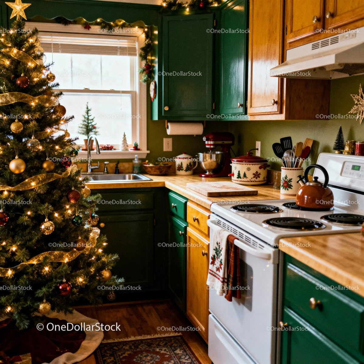 Cozy kitchen decorated for warm Christmas celebration