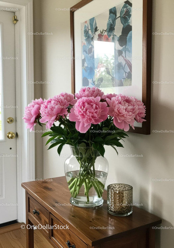 Elegant Pink Peony Bouquet in Clear Glass Vase for Home Decor