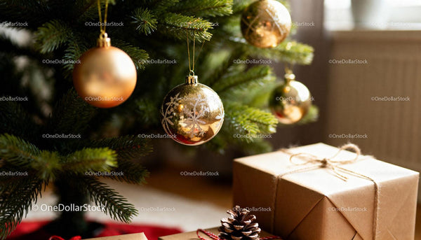 Golden ornaments and rustic gifts under Christmas tree