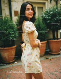 Stylish Woman in Floral Dress Smiling Outdoors in Garden