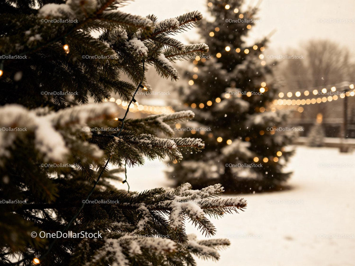 Snow-covered pine branches with warm Christmas lights