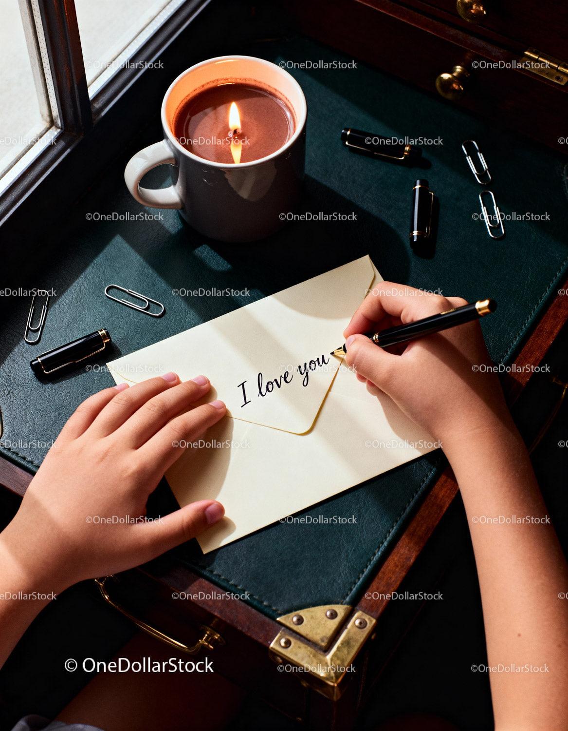 Handwriting a heartfelt love letter by candlelight