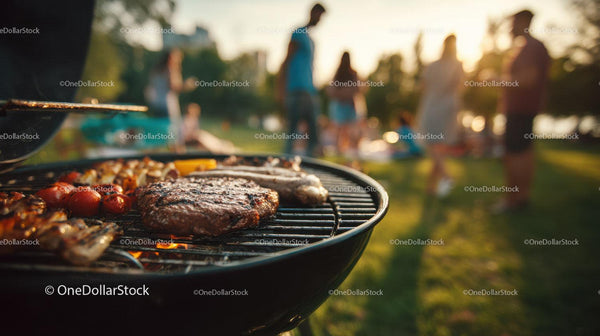 Grill na świeżym powietrzu z grillowanym stekiem, pomidorkami koktajlowymi i letnią atmosferą