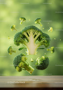 Fresh Broccoli Florets Floating Above Wooden Table