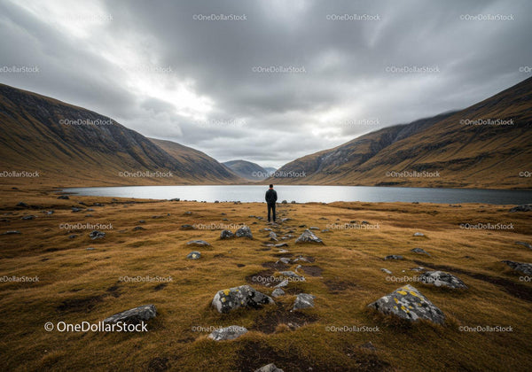 Scenic Mountain Landscape with Lake and Moody Cloudy Sky