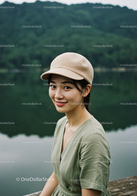 Young Woman in Green Dress Wearing Beige Cap Near Lake Landscape