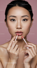 Beauty Woman Applying Lip Gloss with Natural Makeup and Flawless Skin