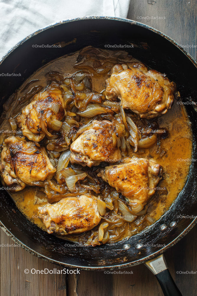 Skillet Chicken Drumsticks with Caramelized Onions in Rich Sauce