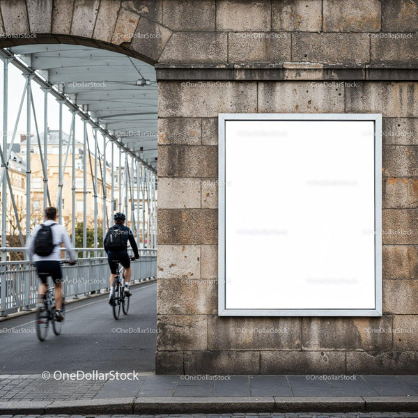 Urban cyclists riding on a metal bridge in the city JPG Mockup Image