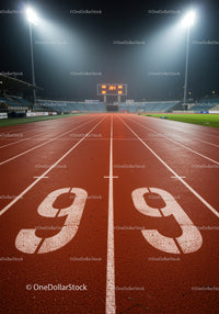 Empty illuminated running track at night in stadium