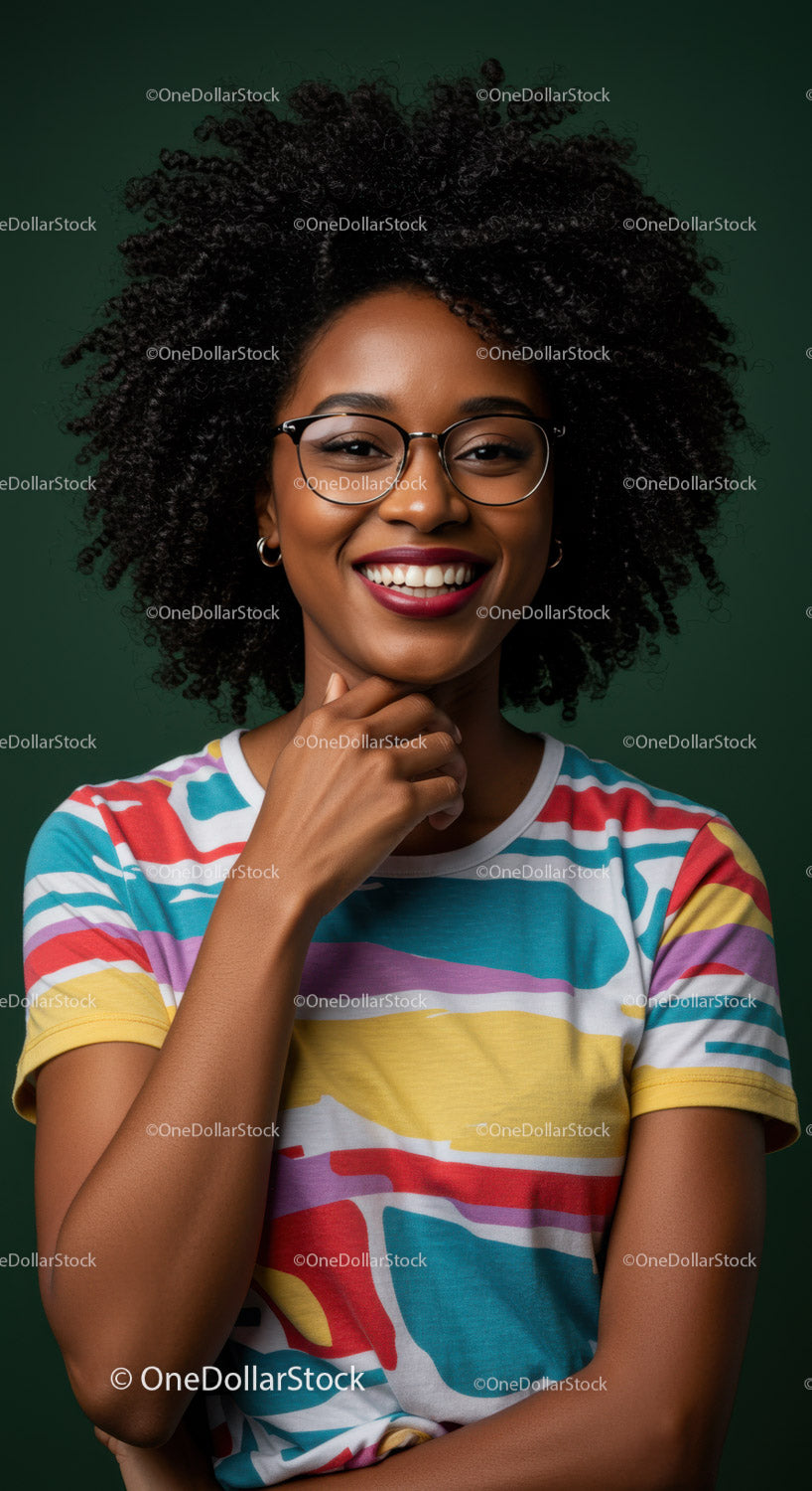 Portrait of a Smiling Woman with Curly Hair and Glasses in Colorful Shirt