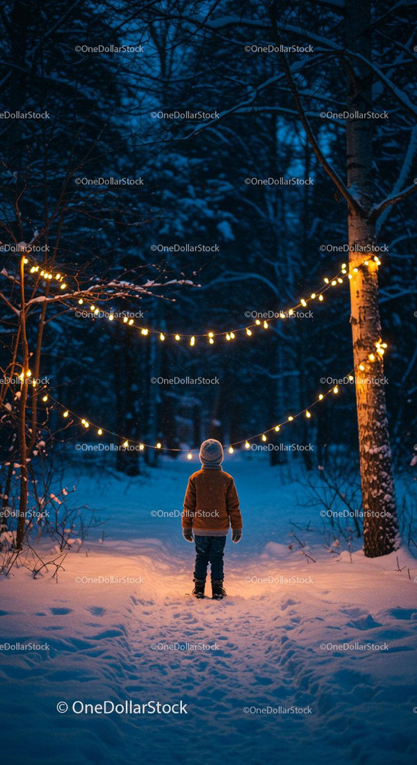 Child admiring warm lights in snowy winter forest