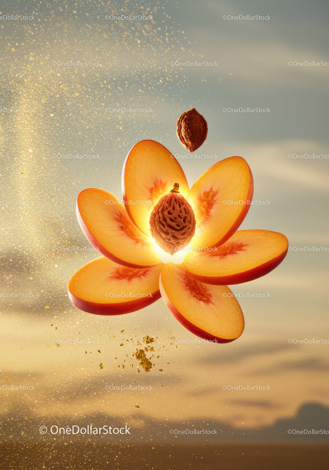 Sliced peach with pit glowing in soft sunset light