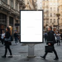 Blank Urban Billboard with People Walking on City Street