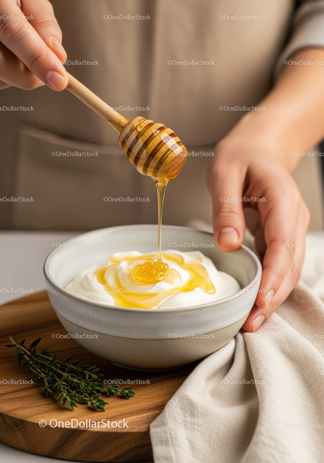 Honey Drizzle Over Yogurt in a Rustic Kitchen Setting