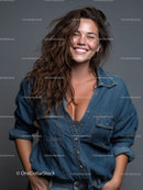 Bright Smiling Woman in Denim Shirt With Confident Expression