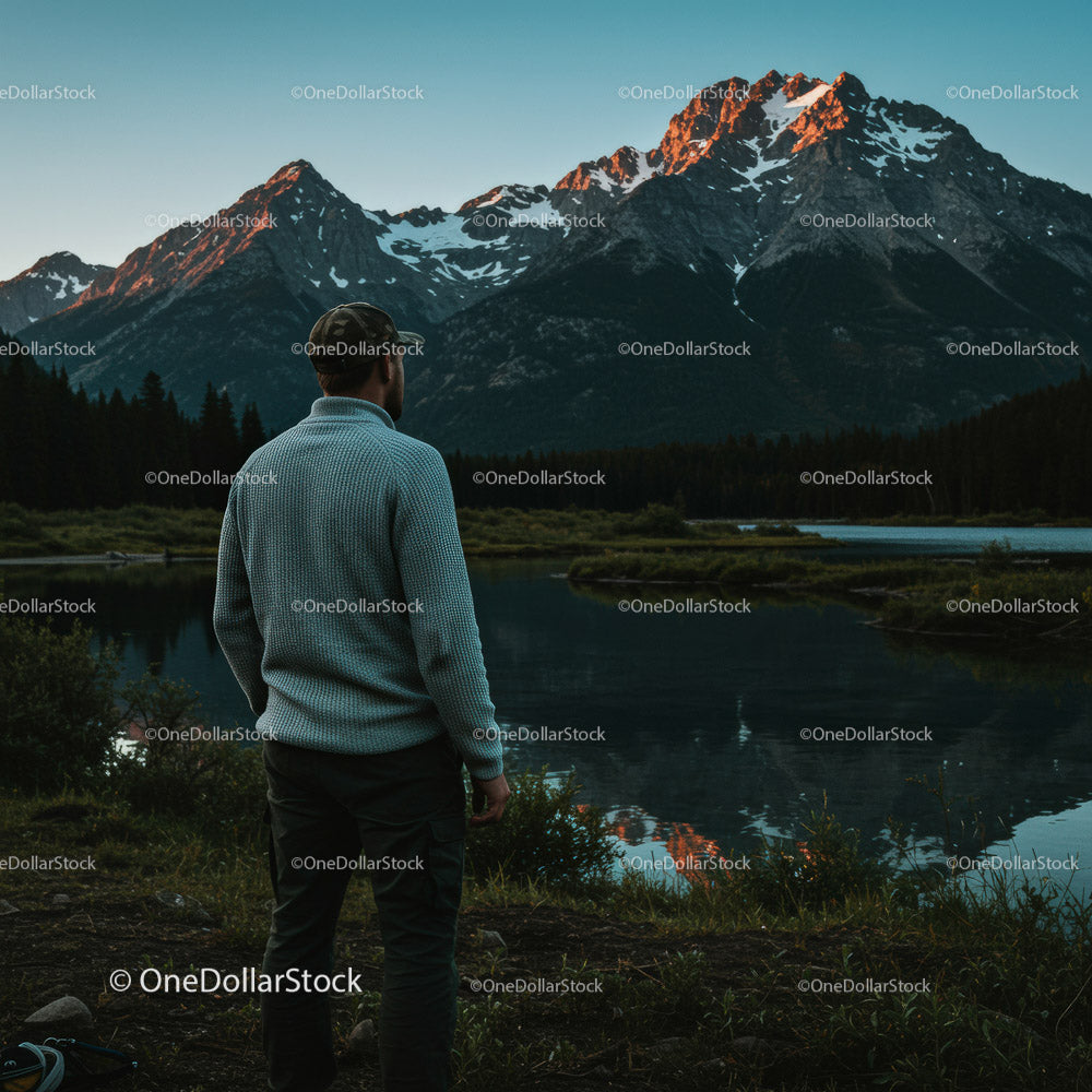 Adventurous Man Enjoying Scenic Mountain Reflection at Sunset (13 Images)