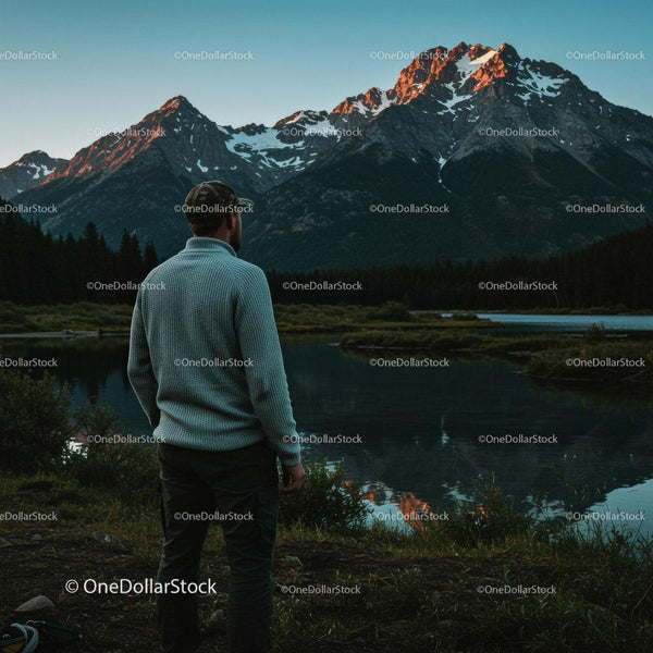 Adventurous Man Enjoying Scenic Mountain Reflection at Sunset Stock Photo Bundle (13 JPG Files)