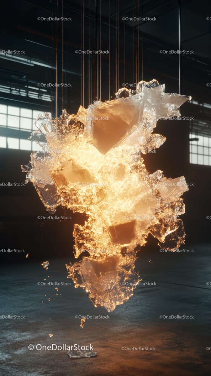 Modern Glass Art Sculpture with Light Effects in an Industrial Space
