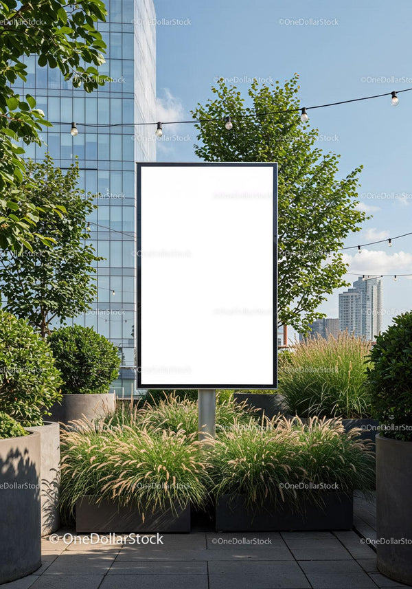 Blank urban billboard surrounded by green plants on terrace JPG Mockup Image