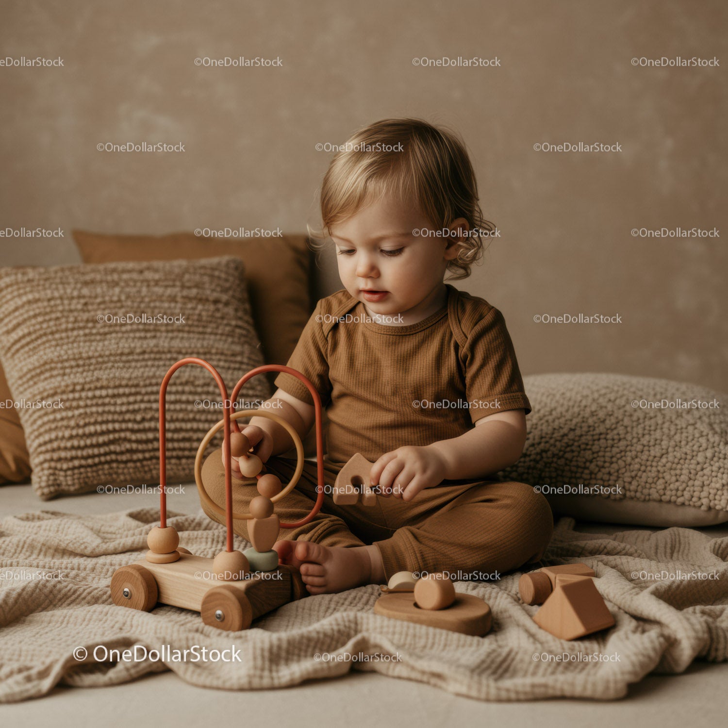 Toddler Playing with Wooden Bead Maze Toy Indoors