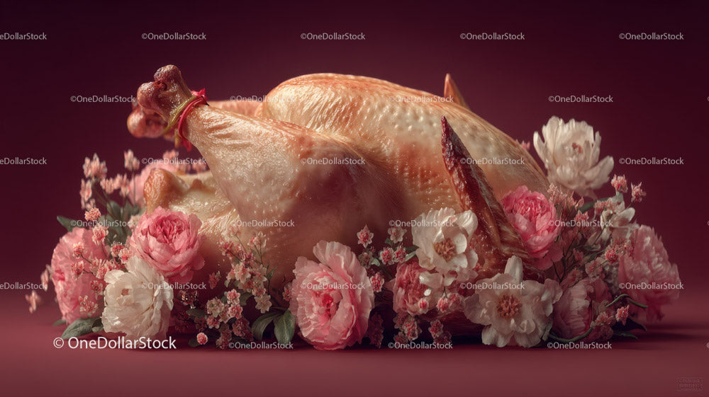 Whole Raw Chicken with Pink and White Cherry Blossom Flowers