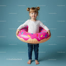 Little girl with pink donut float standing barefoot