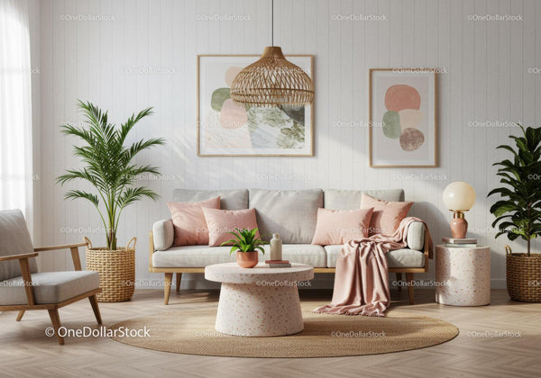Cozy modern living room with soft pink and green accents