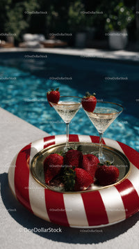 Strawberries and Champagne Glasses by Poolside on Sunny Day