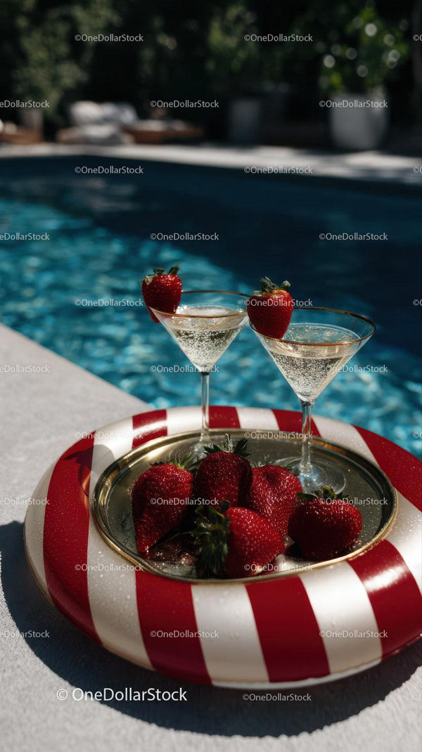 Strawberries and Champagne Glasses by Poolside on Sunny Day