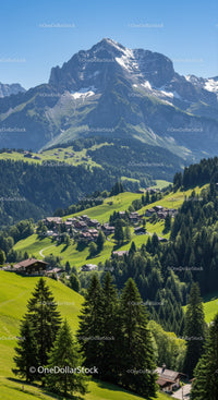 Majestic Snow-Capped Mountain Over Green Alpine Valley with Village
