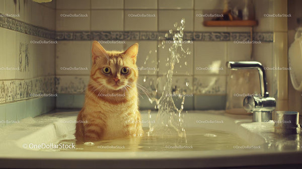 Ginger Cat Sitting in Overflowing Kitchen Sink