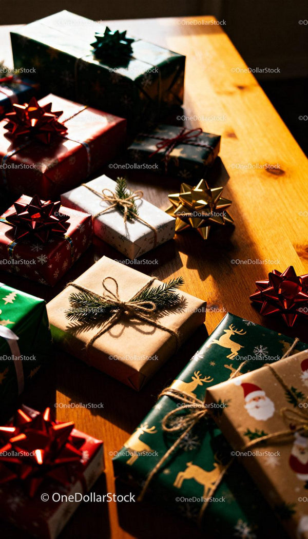 Cozy Christmas gifts wrapped with natural decorations on table