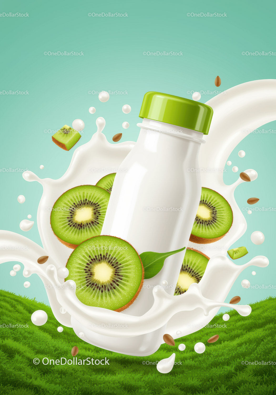Fresh Kiwi Smoothie Bottle with Splashing Milk