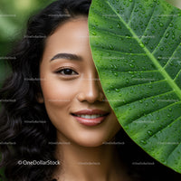 Beautiful Woman Smiling Beside Large Dewy Leaf in Tropical Nature