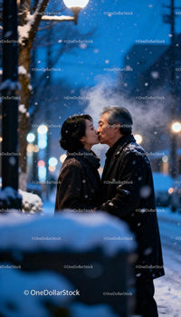 Mature couple sharing a tender kiss on snowy evening