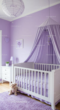 Purple Nursery with Canopy Bed and Cute Small Dog in Child's Room