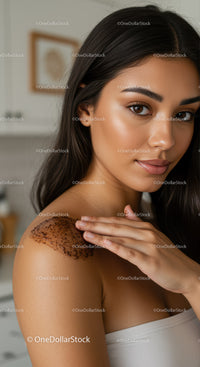 Young Woman with Clear Skin and Dark Brown Hair in Indoor Setting