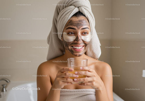 Kobieta ciesząca się maseczką na twarz i relaksem w łazience SPA
