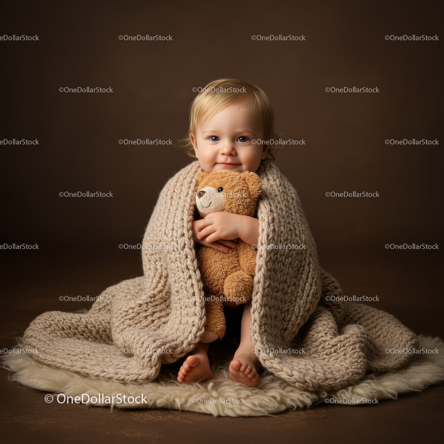 Baby wrapped in knitted blanket hugging teddy bear